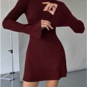 SHEIN Ribbed Bell-Sleeve Burgundy Mini Dress